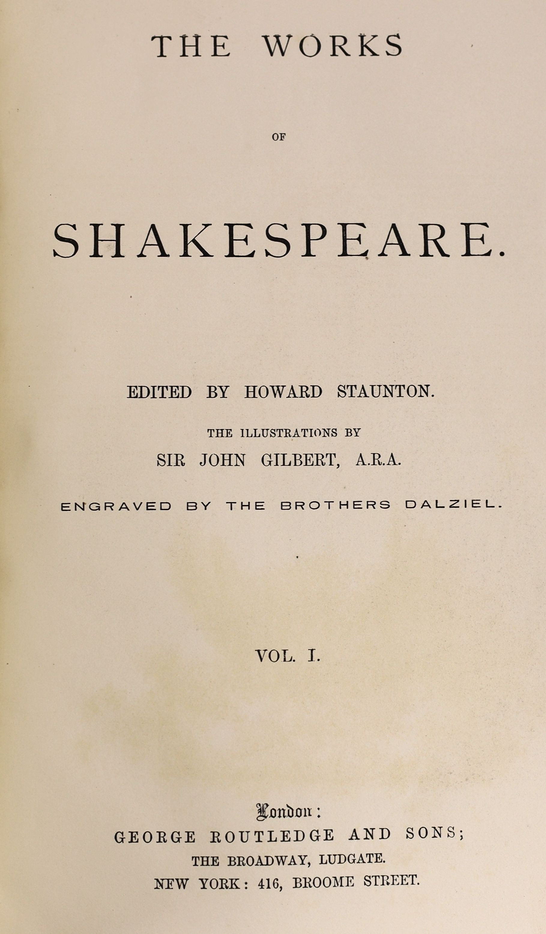 Shakespeare, William - The Works of Shakespeare, edited by Howard Staunton, 3 vols, 4to, red morocco gilt, with illustrations by Sir John Gilbert, A.R.A., engraved by the brothers Dalziel, George Routledge and Sons, Lond